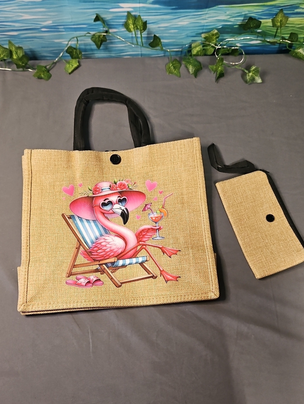 Pink Flamingo Beach Tote Bag with Matching Pouch